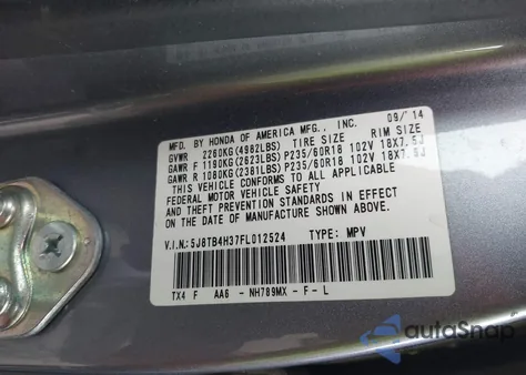 2015 Acura Rdx z USA, uszkodzony, nr VIN 5J8TB4H37FL012524